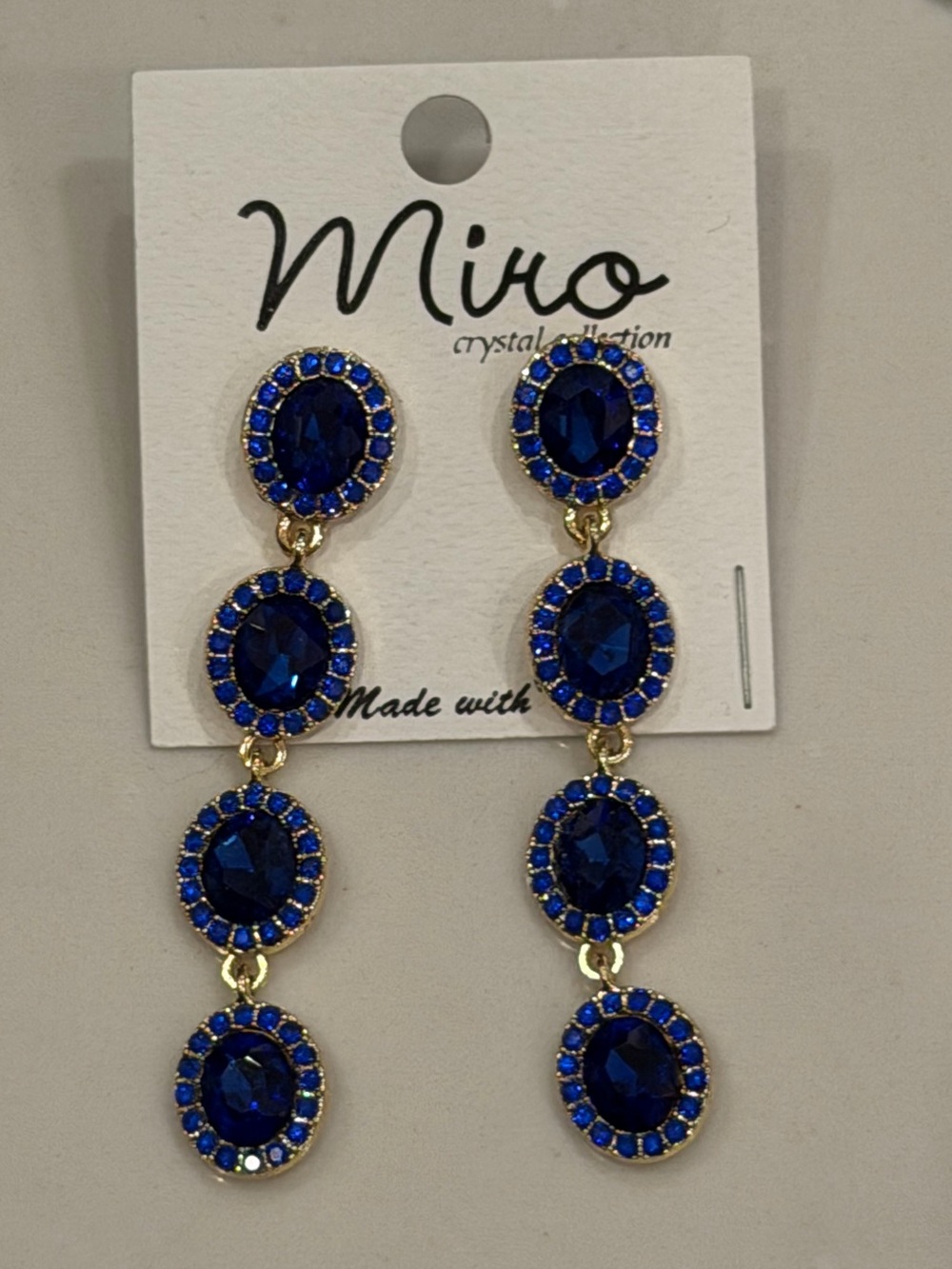 NWT Miro Crystal Collection Sapphire Blue Crystal Drop Earrings Gold Tone